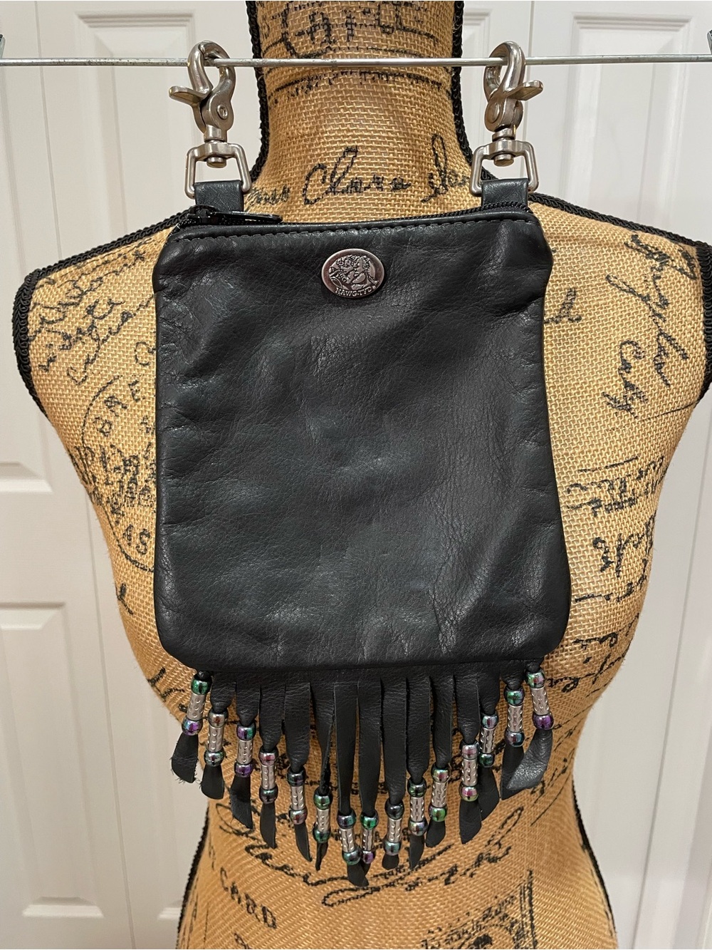 Hawg Tyd Vintage Black Leather Beaded Fringe Motorcycle Hip Bag Pouch